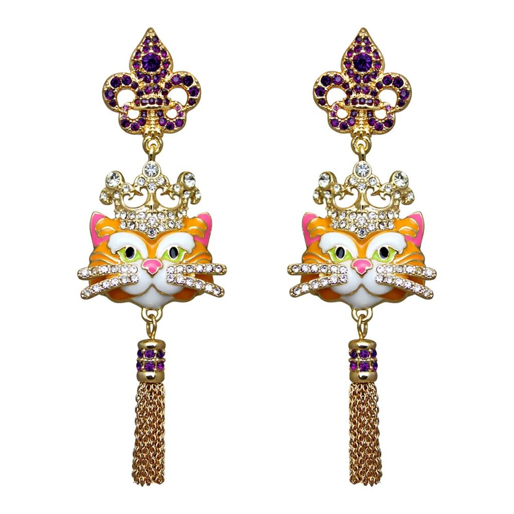 Ritzy Couture Princess Kitty Royal Crown Tabby Cat Enamel Tassel Earrings